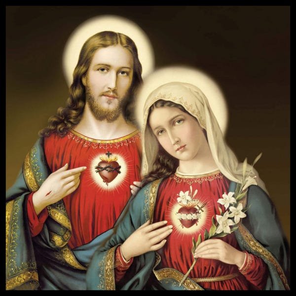Quadro Sagrado Coração de Jesus e Maria 45x45cm Tecido Canvas com Moldura