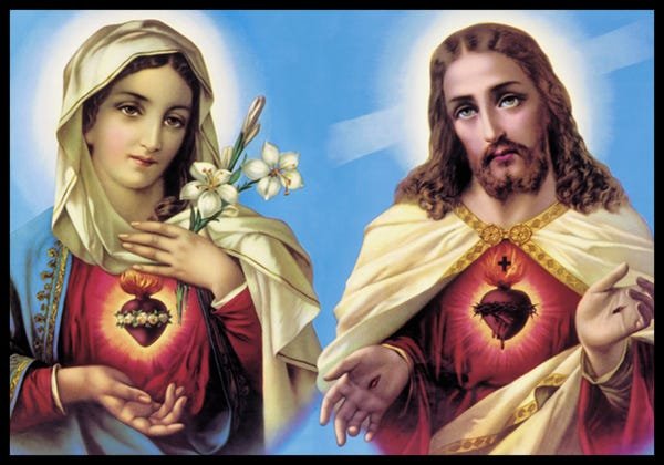 Quadro Sagrado Coração de Jesus e Maria 42x60cm Tecido Canvas com Moldura - 1