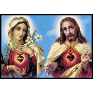 Quadro Sagrado Coração de Jesus e Maria 42x60cm Tecido Canvas com Moldura