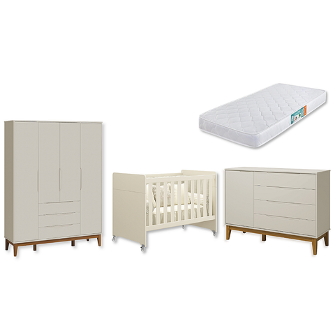 Quarto de Bebê Berço Evolution + Guarda Roupa 4P + Cômoda Sp Elfe Areia Fosco com Colchão