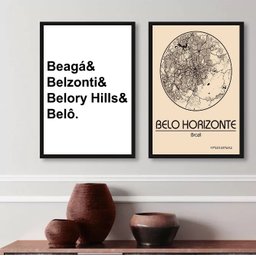 Kit 2 Quadros Mapa de Belo Horizonte 45x34cm - com Vidro:madeira Branca - 2