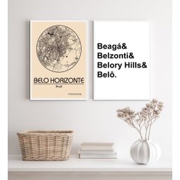Kit 2 Quadros Mapa de Belo Horizonte 45x34cm - com Vidro:madeira Branca - 1