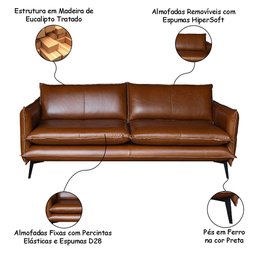 Sofá Decorativo Sala de Estar América 2 Lugares 200cm Couro Conhaque  - Mozzelar - 3