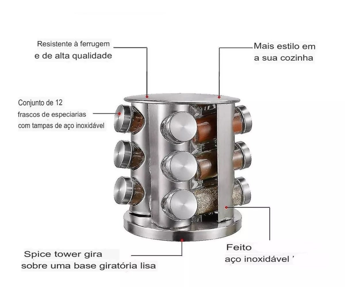 Porta Tempero Condimentos Organizador Cozinha Luxo Aço Inox Giratorio 12 Frascos Potes Vidro Gira 36 - 5