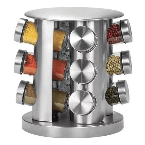 Porta Tempero Condimentos Organizador Cozinha Luxo Aço Inox Giratorio 12 Frascos Potes Vidro Gira 36