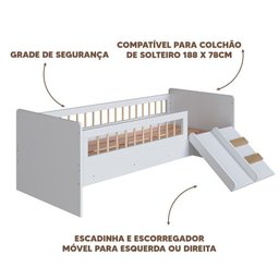 Cama de Solteiro Infantil Montessoriana com Escorregador e Escada Branco - 3