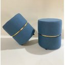 Ver imagem 1 de Kit 2 Puffs Redondo Decorativo com Detalhe Dourado, Tecido Linho Azul, Estilo Moderno, Sala Moveis