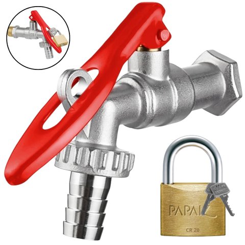 Torneira de Metal com Porta Cadeado para Jardim Quintal Tanque 1/2" + Cadeado Pequeno 20mm Latão Mac