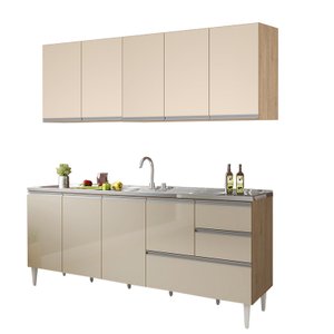 Balcão para Pia de 2,00 Mt Maceió e Aéreo Modulado 5 Portas Amendoa Off White Puxador Aluminio