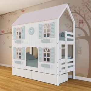 Beliche Casinha Bela com Coração 2 Gavetas 4 Janelas Venezianas - Madeira Maciça Branco/rosa/