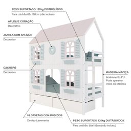 Beliche Casinha Bela com Coração 2 Gavetas 4 Janelas Venezianas - Madeira Maciça Branco/rosa/ - 4