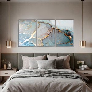 Quadro Decorativo Abstrato Azul com Dourado Kit 3 Quadros