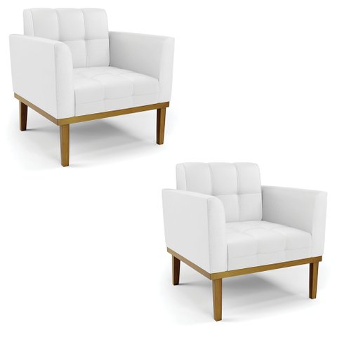 Kit 2 Poltronas Decorativas Karen Pés Fixo em Madeira Castanho Pu Branco G19 - Gran Belo