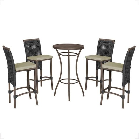 Mesa Bistrô e 4 Banquetas Roma Marrom Corda Estofado 7 Trama Preto