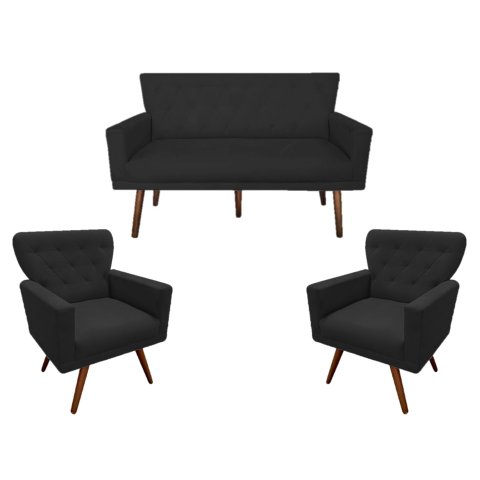 Kit Namoradeira + 2 Poltronas Decorativa Aurora Suede Preto Pés Madeira Mz Decor