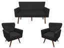 Ver imagem 1 de Kit Namoradeira + 2 Poltronas Decorativa Aurora Suede Preto Pés Madeira Mz Decor