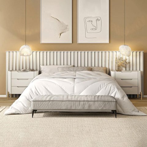 Conjunto Cabeceira King 360cm C/ 2 Mesas de Cabeceira em Mdf Cor:luna com Dourado