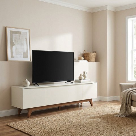 Rack para TV até 75 Polegadas em MDF e Pés em Madeira Maciça 219,5x53,9cm Bege Off White/Natural