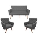 Ver imagem 1 de Kit Namoradeira + 2 Poltronas Decorativa Aurora Suede Cinza Pés Madeira Mz Decor