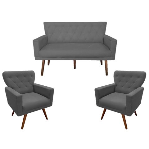 Kit Namoradeira + 2 Poltronas Decorativa Aurora Suede Cinza Pés Madeira Mz Decor