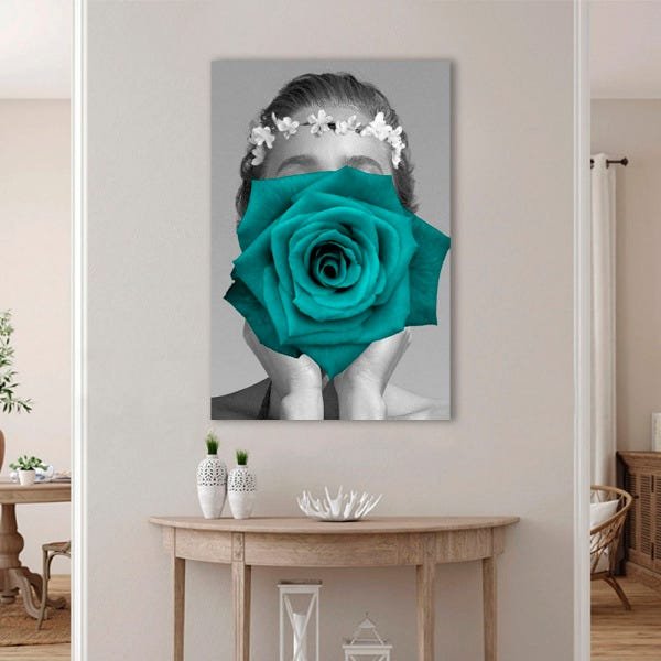 Quadro Decorativo Mulher Com Rosa Azul - 1