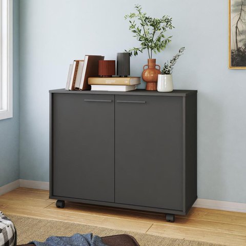 Balcão para Escritório 90x76,5cm com 2 Portas e 4 Rodízios Preto BMU114