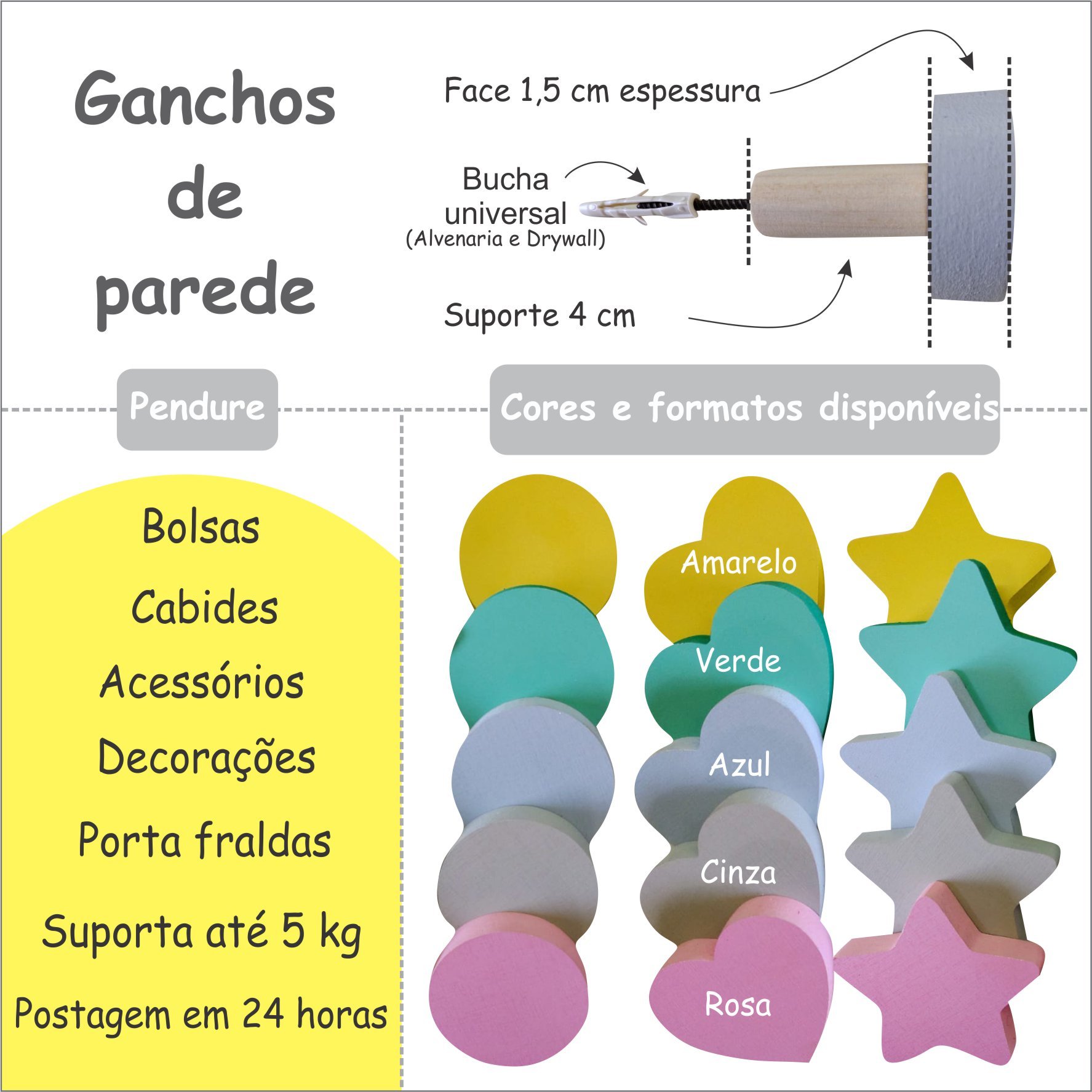 1 Gancho de parede pendurador Colorido MDF Estrela - Cinza - 4