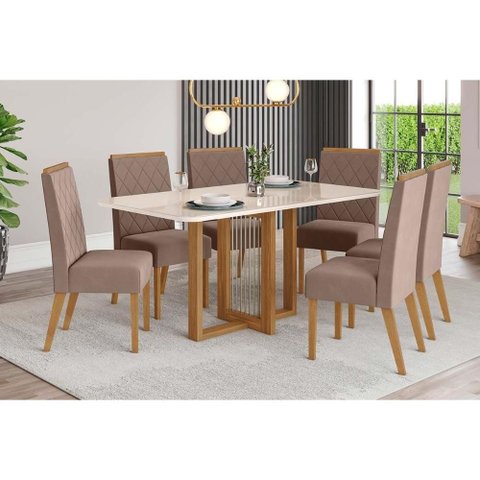 Conjunto: Mesa Sala Jantar Natalí C/ Tampo Madeirado C/ Vidro Curvo 160x90cm e 6 Cadeiras Nina