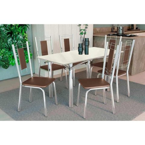 Conjunto: Mesa Sala Jantar Elba Tampo Madeirado C/ Vidro 120cm e 6 Cadeiras Florença Cromada/off