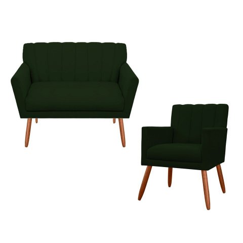 Kit Namoradeira + 1 Poltrona Decorativa Cecília Suede Verde Pés Madeira Ms Decor
