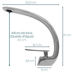 Torneira de Banheiro Cascata Curva Gourmet Cromada Monocomando Misturador Bancada Cuba Curvada Slim - 4