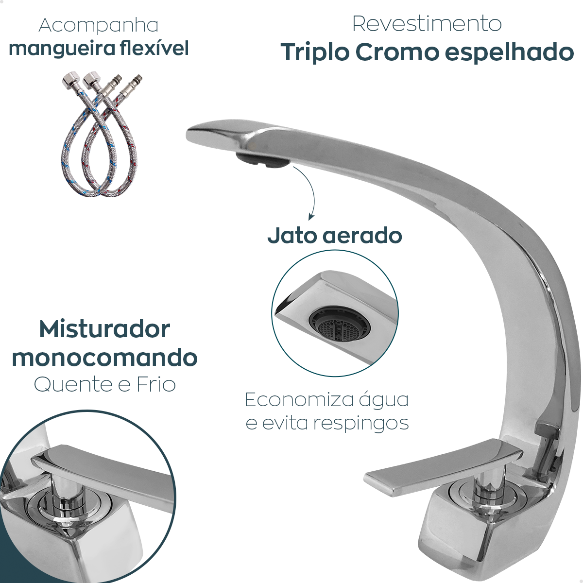 Torneira de Banheiro Cascata Curva Gourmet Cromada Monocomando Misturador Bancada Cuba Curvada Slim - 3