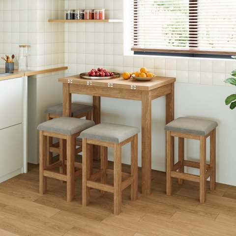 Conjunto Mesa Dobrável com 4 Bancos para Sala de Jantar Marrom/Inovata/Bege Claro