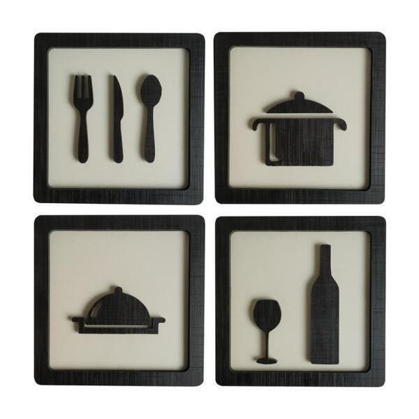 Kit 4 Quadros Cozinha 21Cm Talher,Grão,Vinho: Preto Branco - 1