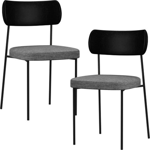 Kit 02 Cadeiras Estofadas para Sala de Jantar Melina L02 Couríssimo Preto Linho Cinza Escuro -