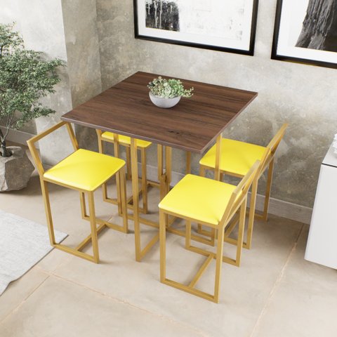 Conjunto Mesa Imbuia 4 Cadeiras Pequena Estofado Amarelo Industrial Don Castro Decor