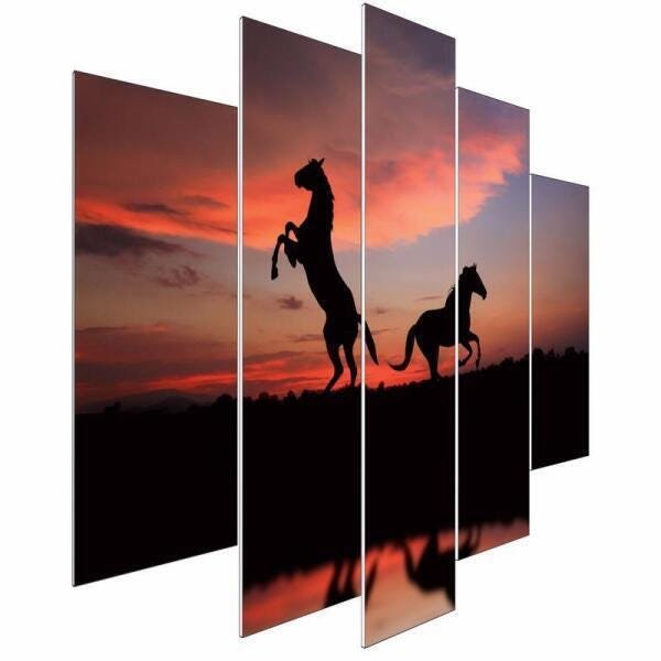 Kit Quadros Decorativo Olph Decor Cavalos Céu Laranja 5 Peça - 2