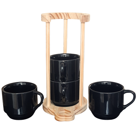 Kit Jogo 4 Xicaras Café/chá 200ml C/ Suporte Pinus - Preta