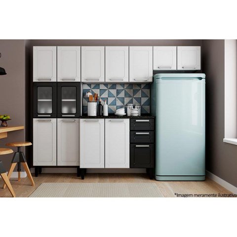 Cozinha Completa Múltipla 4 Peças (2 Armários + 1 Balcão + 1 Paneleiro) C4P85 Branco/Preto -