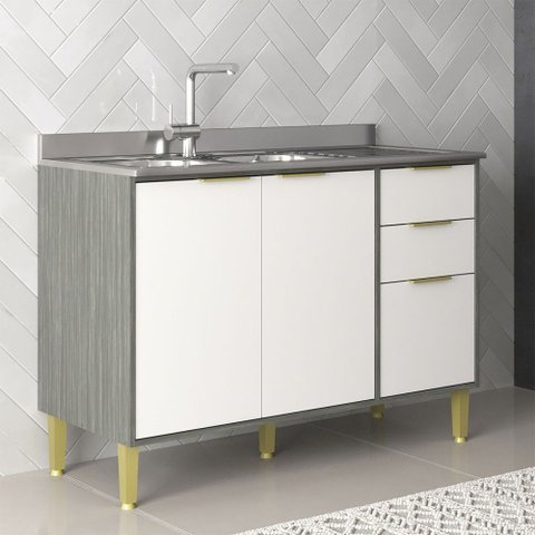 Balcão de Cozinha para Pia 120 Cm Domus 2 Portas 3 Gavetas Silver/branco - Hecol Móveis