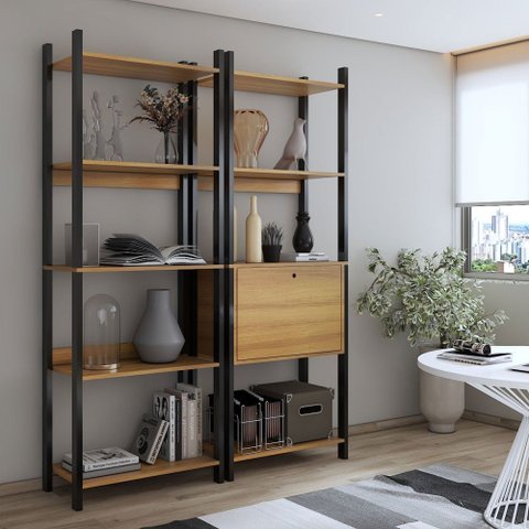 Estante para Livros Industrial 1 Porta 8 Prateleiras Mel/preto - Panorama Móveis