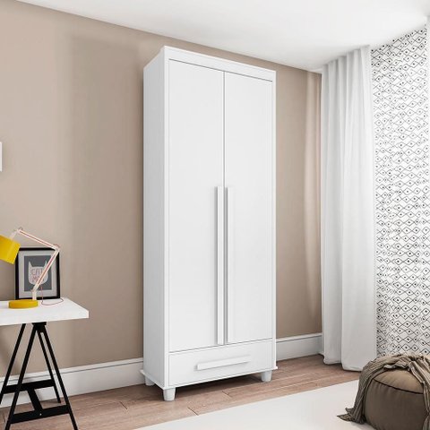 Guarda Roupa Solteiro Zenit 2 Portas de Bater 1 Gaveta MDP MDF Branco RV Móveis