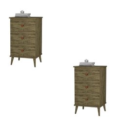 Conjunto 2 Mesa de Cabeceira Ravi 3 Gavetas Pés de Madeira Amendoa - 1