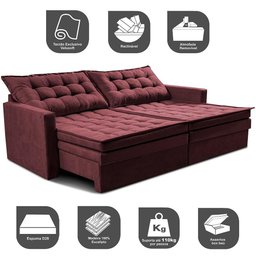 Sofá sem Caixa Retrátil Baú 1,60m Cama Inbox Secret Suede Velusoft Vinho - 4