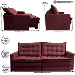 Sofá sem Caixa Retrátil Baú 1,60m Cama Inbox Secret Suede Velusoft Vinho - 3