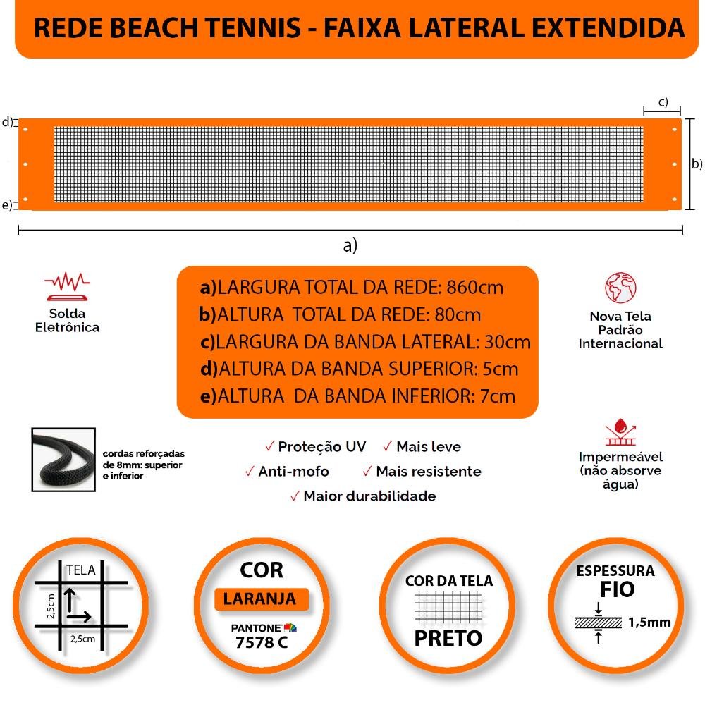 Rede Beach Tennis com banda lateral Zaka Laranja 8,60m x 0,80m - 3