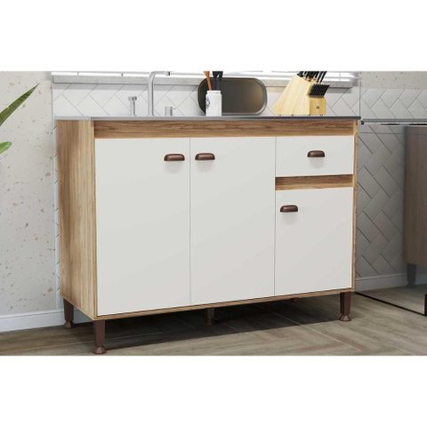 Balcão de Cozinha Torino C/ 3 Portas e 1 Gaveta S/ Tampo 120cm Mel/off White - Movelbento