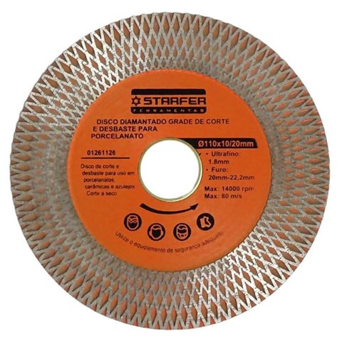Disco Diamantado Gradeado 2 em 1 Starfer 110mm Corta e Desbasta Porcelanato Cêramica Azulejos a Seco