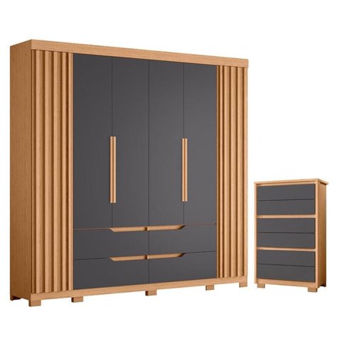 Guarda Roupa Casal Doble 06 Portas e Cômoda Unno 06 Gavetas Freijo Titanium - Móveis Albatroz