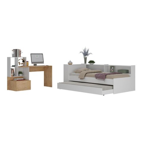 Conjunto Quarto Bicama com Colchão e Baú/prateleira/escrivaninha Multimóveis Mp4228 Branco/rustic